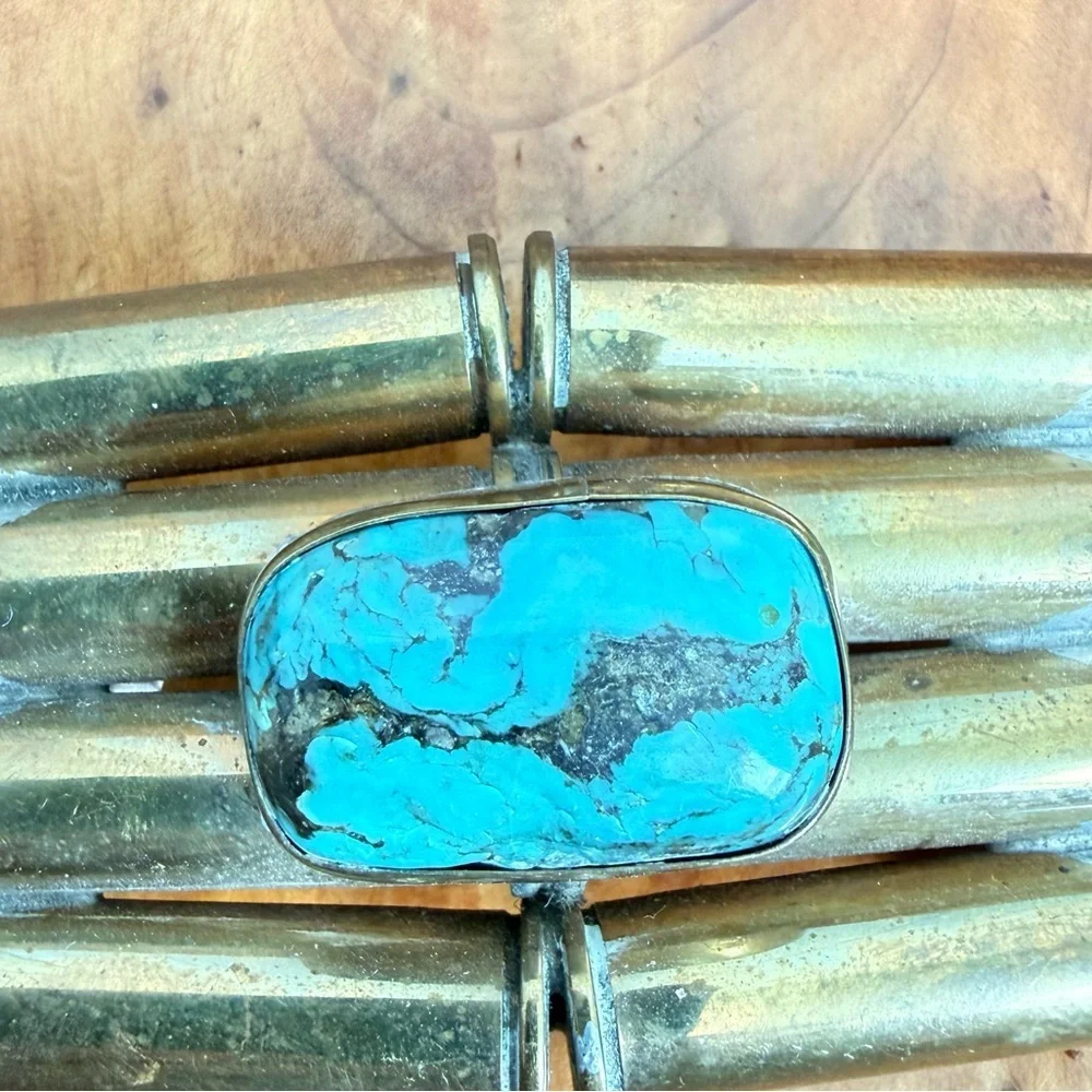 Western artisan crafted vintage belt buckle spent casings turquoise center stone